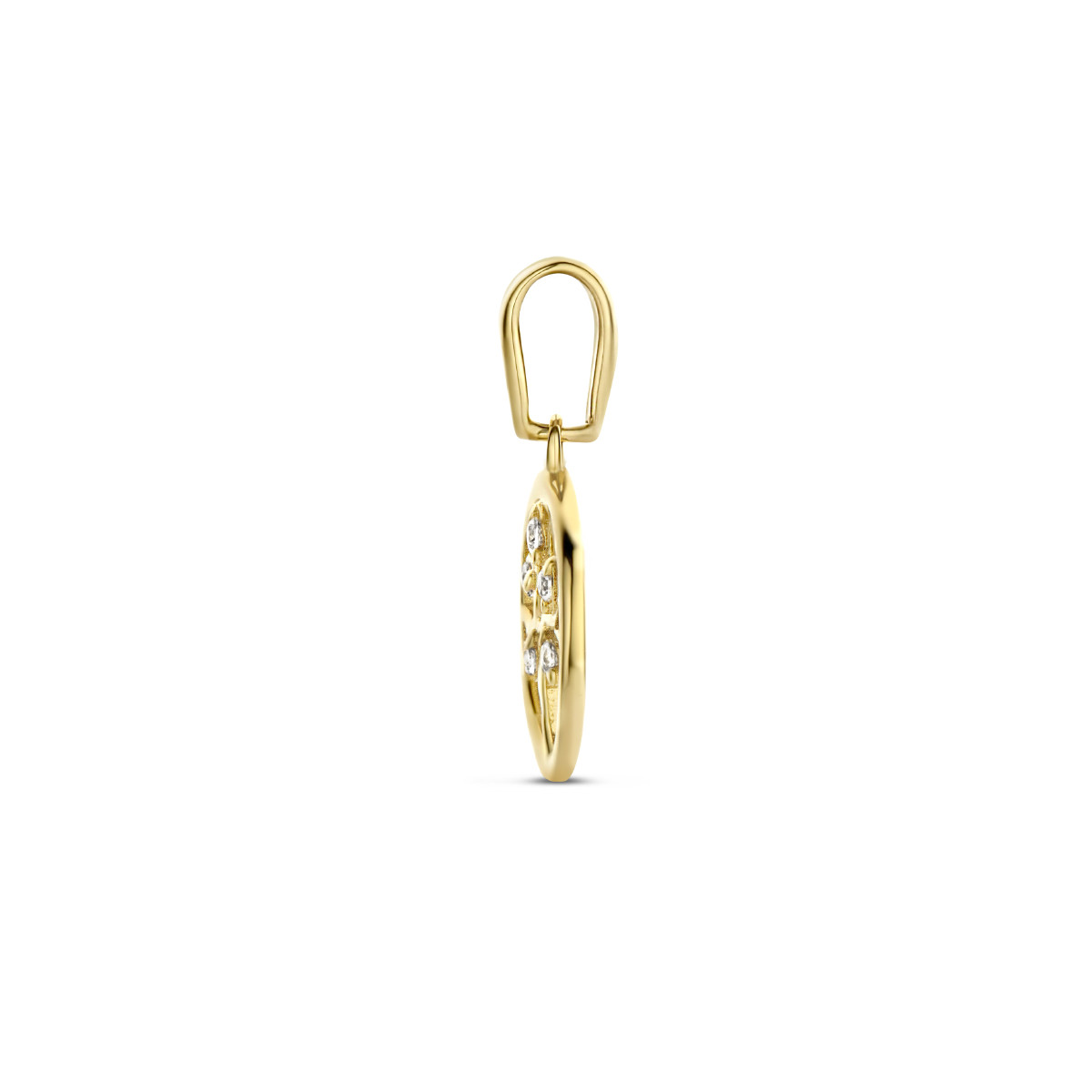 Gouden levensboom hanger met vijf zirkonia's - 9.5 mm x 16 mm