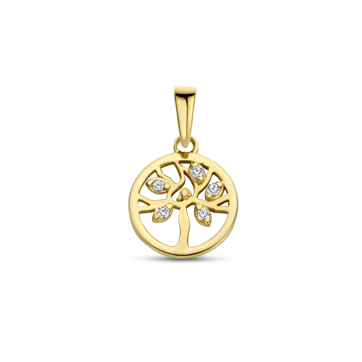 Gouden levensboom hanger met vijf zirkonia's - 9.5 mm x 16 mm