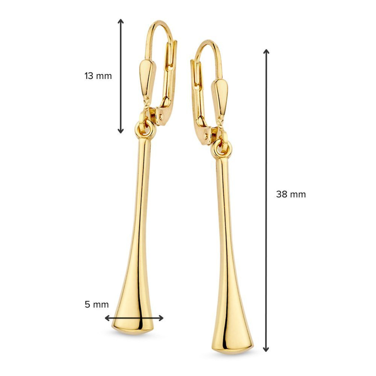 Gouden oorhangers met haaksluiting en uitlopende hangers - Hoogte 38 mm