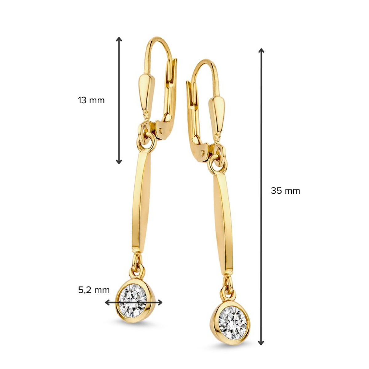 Gouden oorhangers met haken en ronde zirkonia's - Hoogte 35 mm