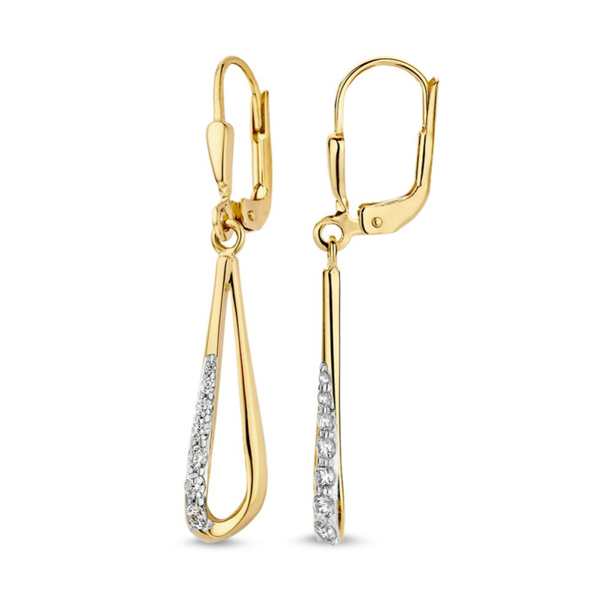 Gouden oorhangers met haken en zirkonia's  5.5 mm breed - Hoogte 35 mm