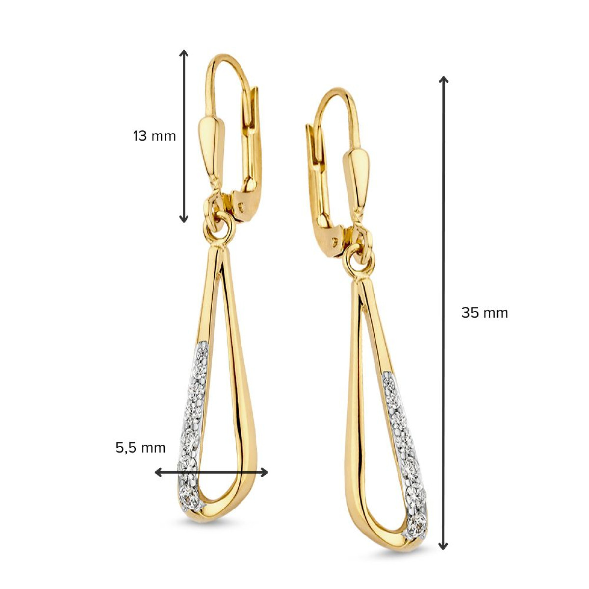 Gouden oorhangers met haken en zirkonia's  5.5 mm breed - Hoogte 35 mm