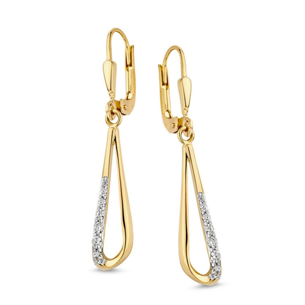 Gouden oorhangers met haken en zirkonia's  5.5 mm breed - Hoogte 35 mm