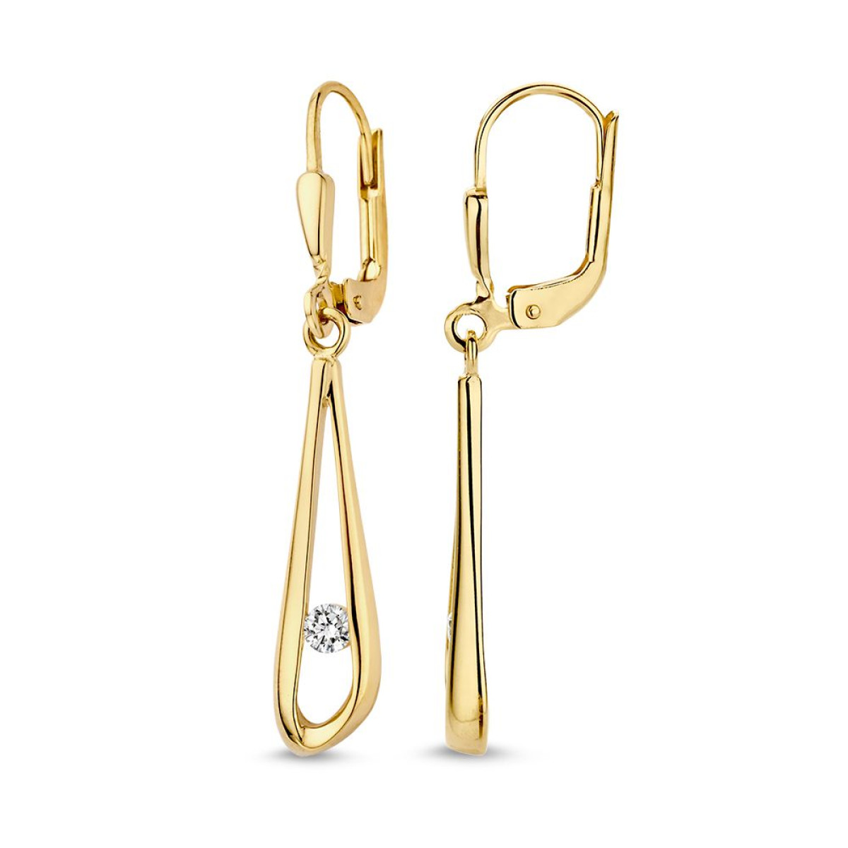 Gouden oorhangers met haken en zirkonia's  - Hoogte 35 mm