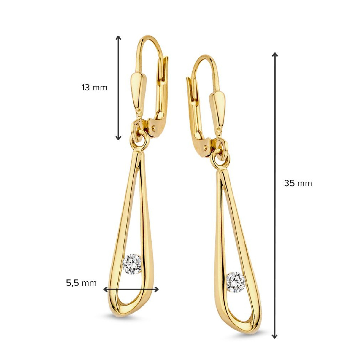 Gouden oorhangers met haken en zirkonia's  - Hoogte 35 mm