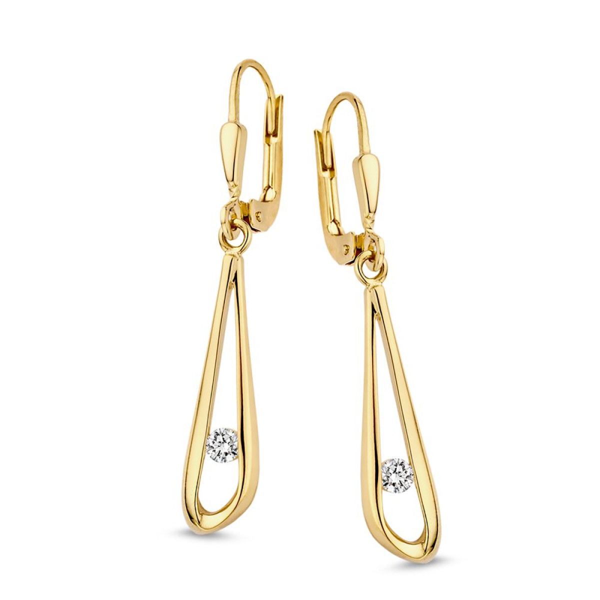 Gouden oorhangers met haken en zirkonia's  - Hoogte 35 mm
