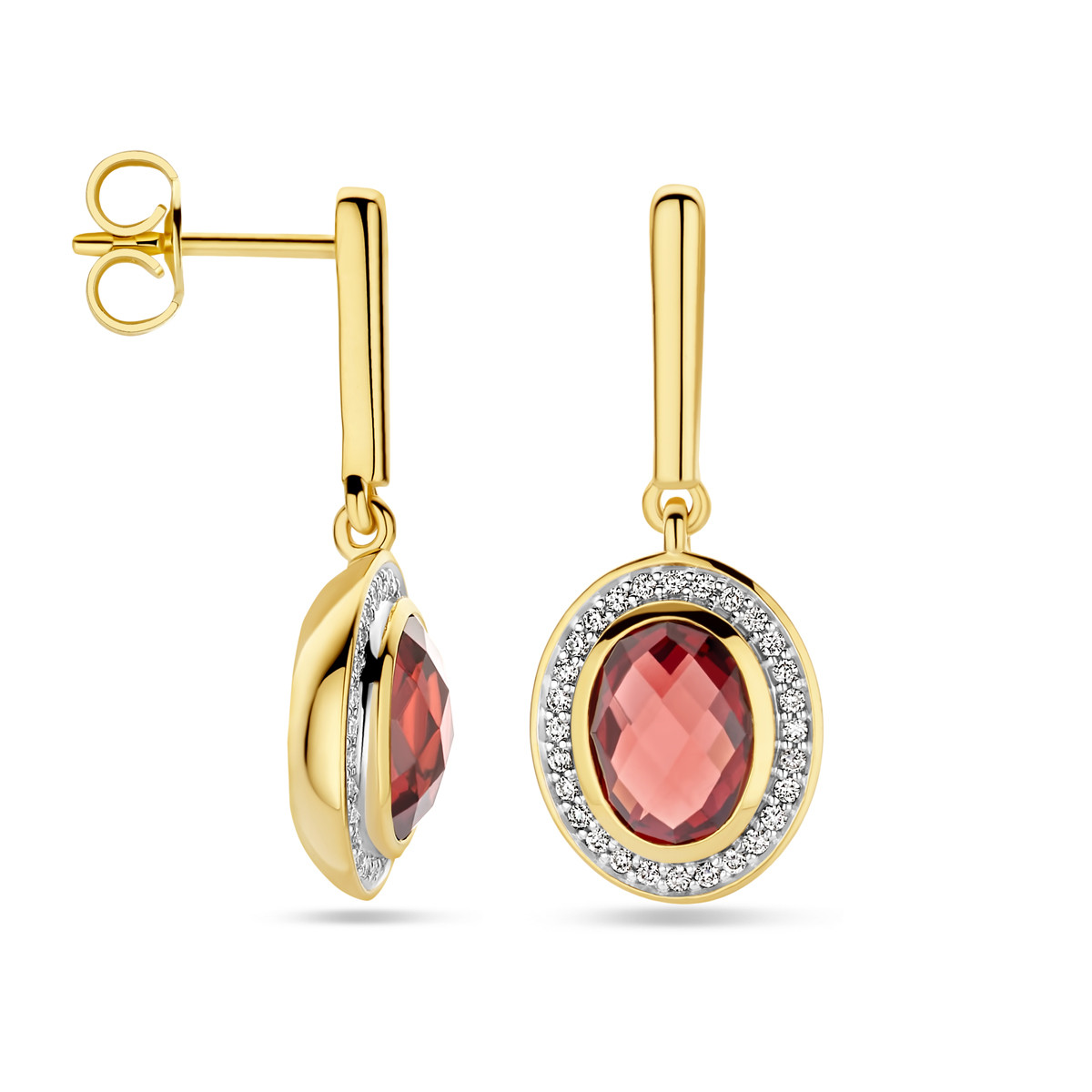Gouden oorhangers met rode granaat en diamanten 0.18 crt - Hoogte 26 mm