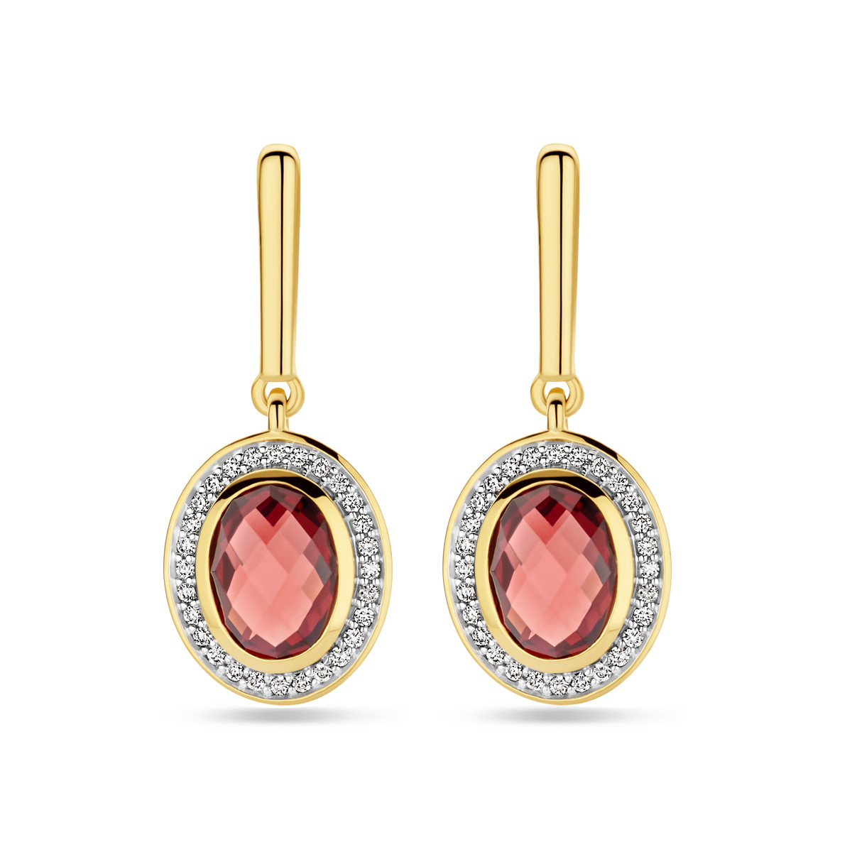 Gouden oorhangers met rode granaat en diamanten 0.18 crt - Hoogte 26 mm