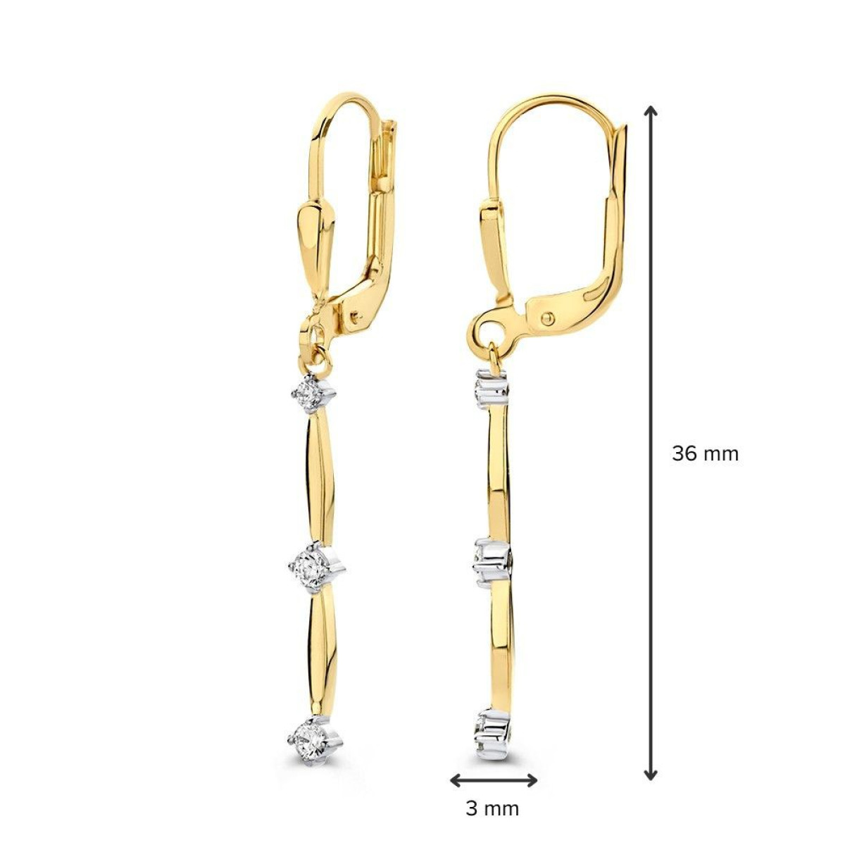 Gouden oorhangers met sluithaken en lange bedels - Hoogte 36 mm