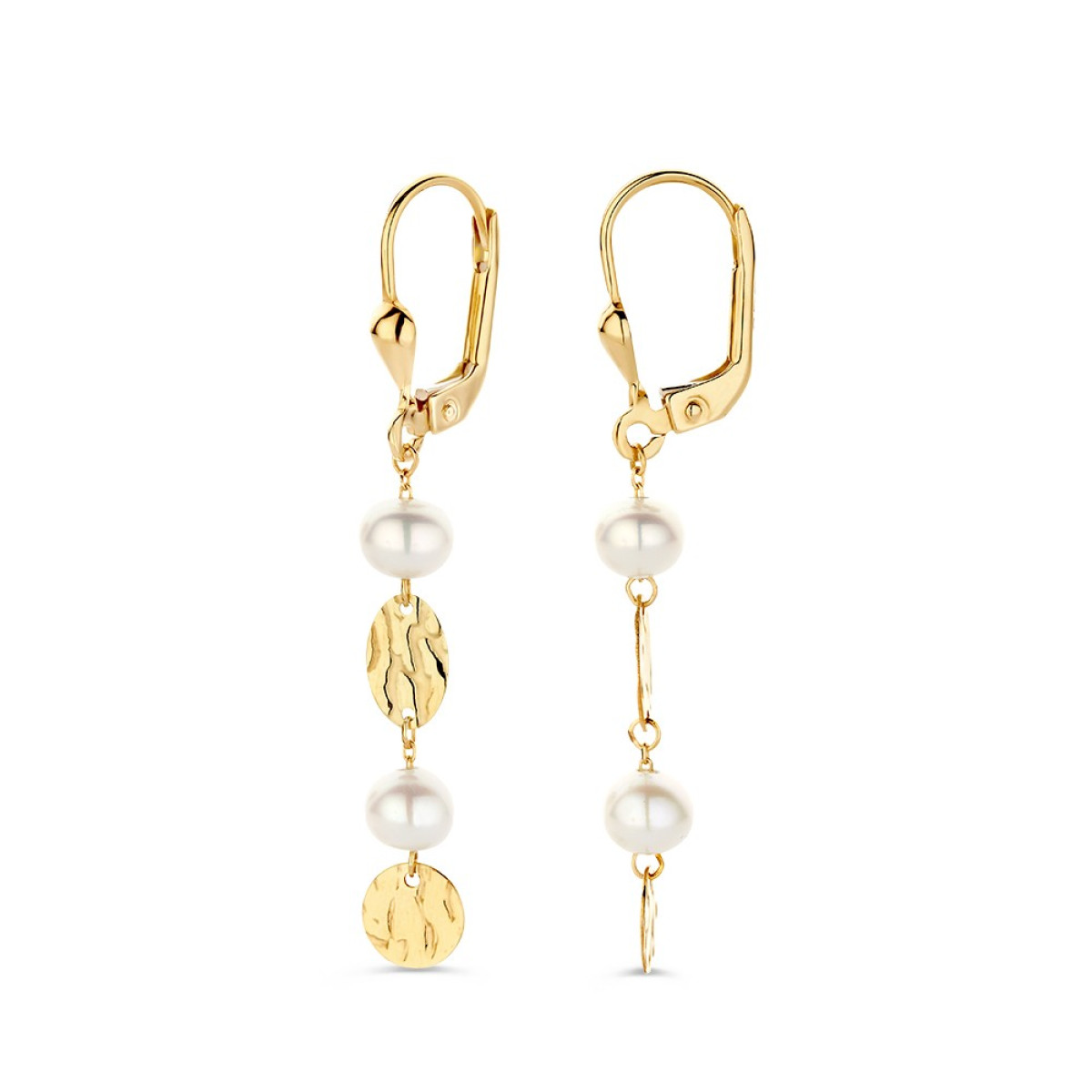 Gouden oorhangers met unieke ovaaltjes en witte parels - Hoogte 44 mm