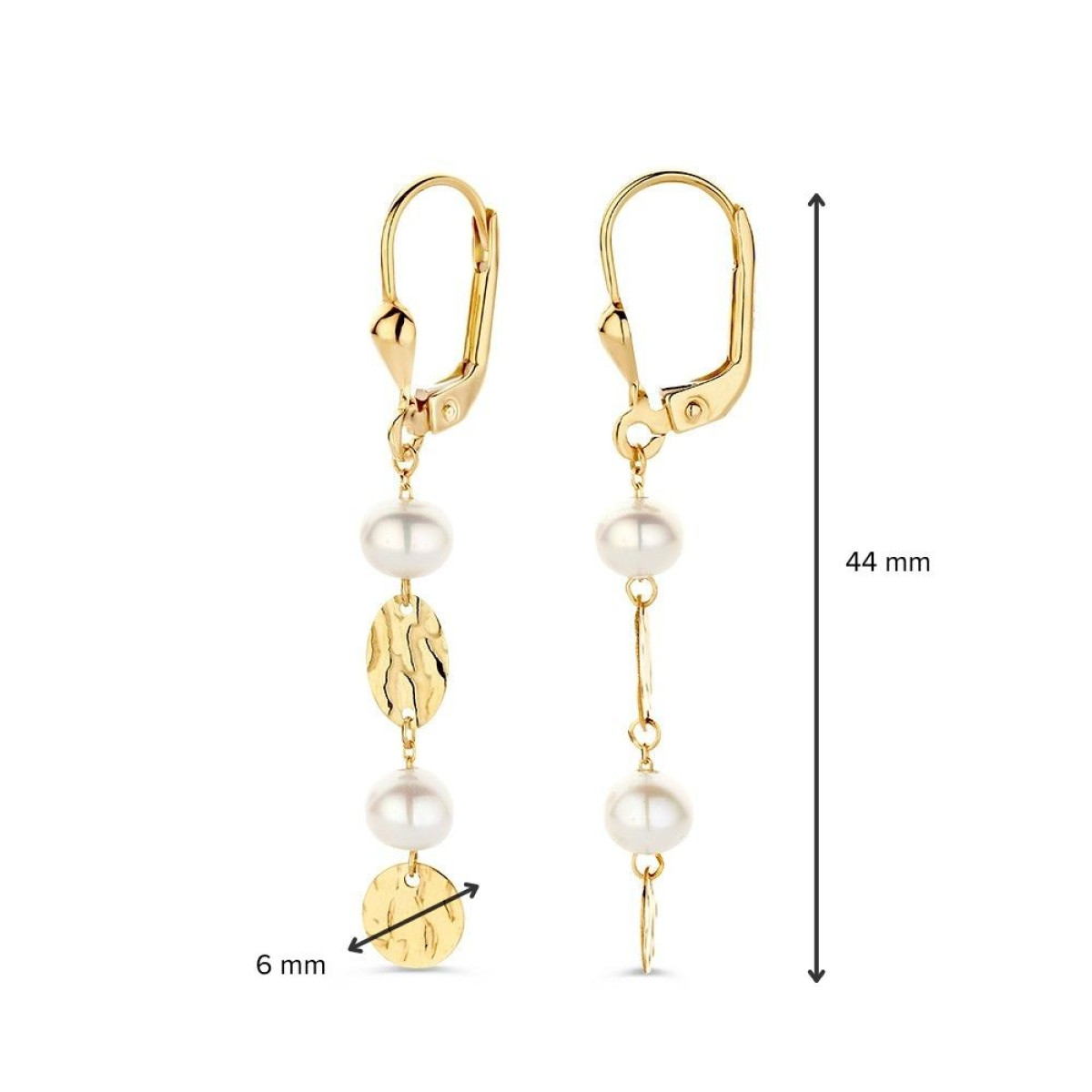 Gouden oorhangers met unieke ovaaltjes en witte parels - Hoogte 44 mm