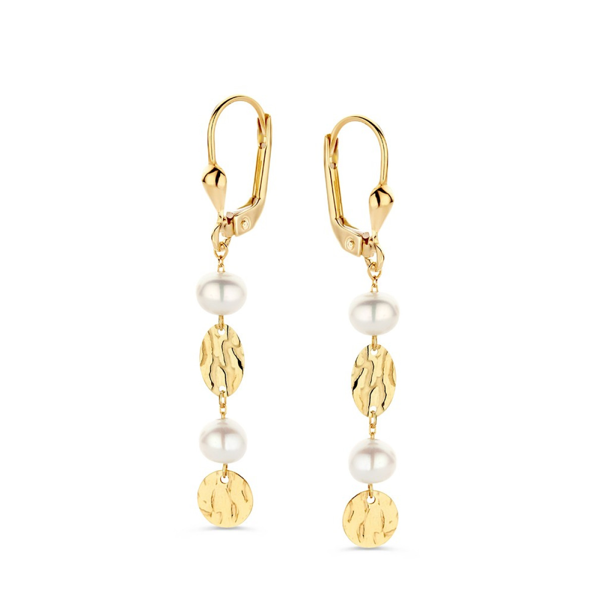 Gouden oorhangers met unieke ovaaltjes en witte parels - Hoogte 44 mm