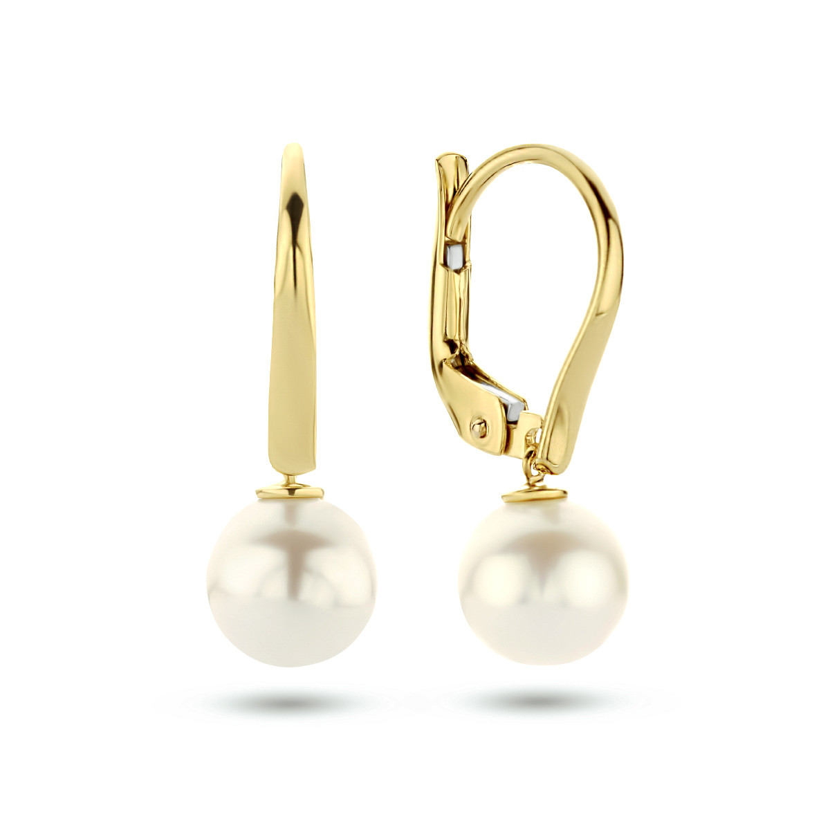 Gouden oorhangers net brisur haak en parel - Hoogte 21 mm