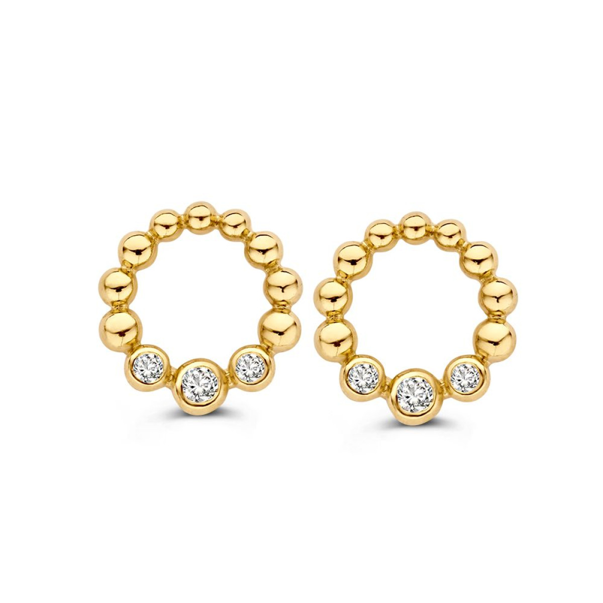 Gouden oorknopjes met bolletjes en zirkonia's - Diameter 12 mm
