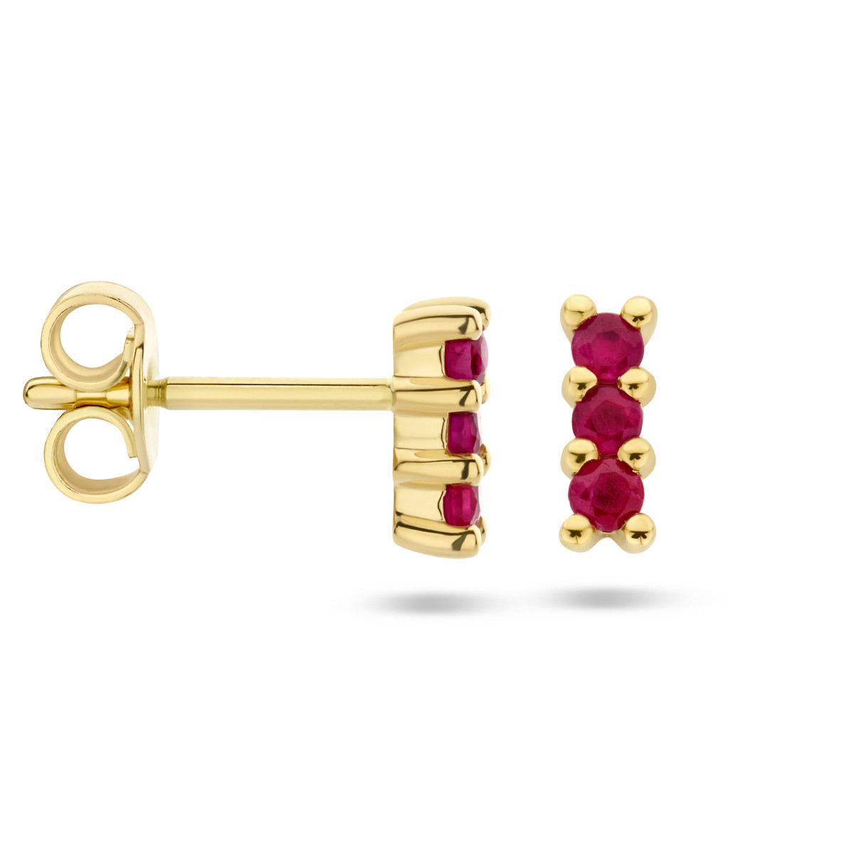 Gouden oorknopjes met een rij robijnen - 2.5 x 7 mm