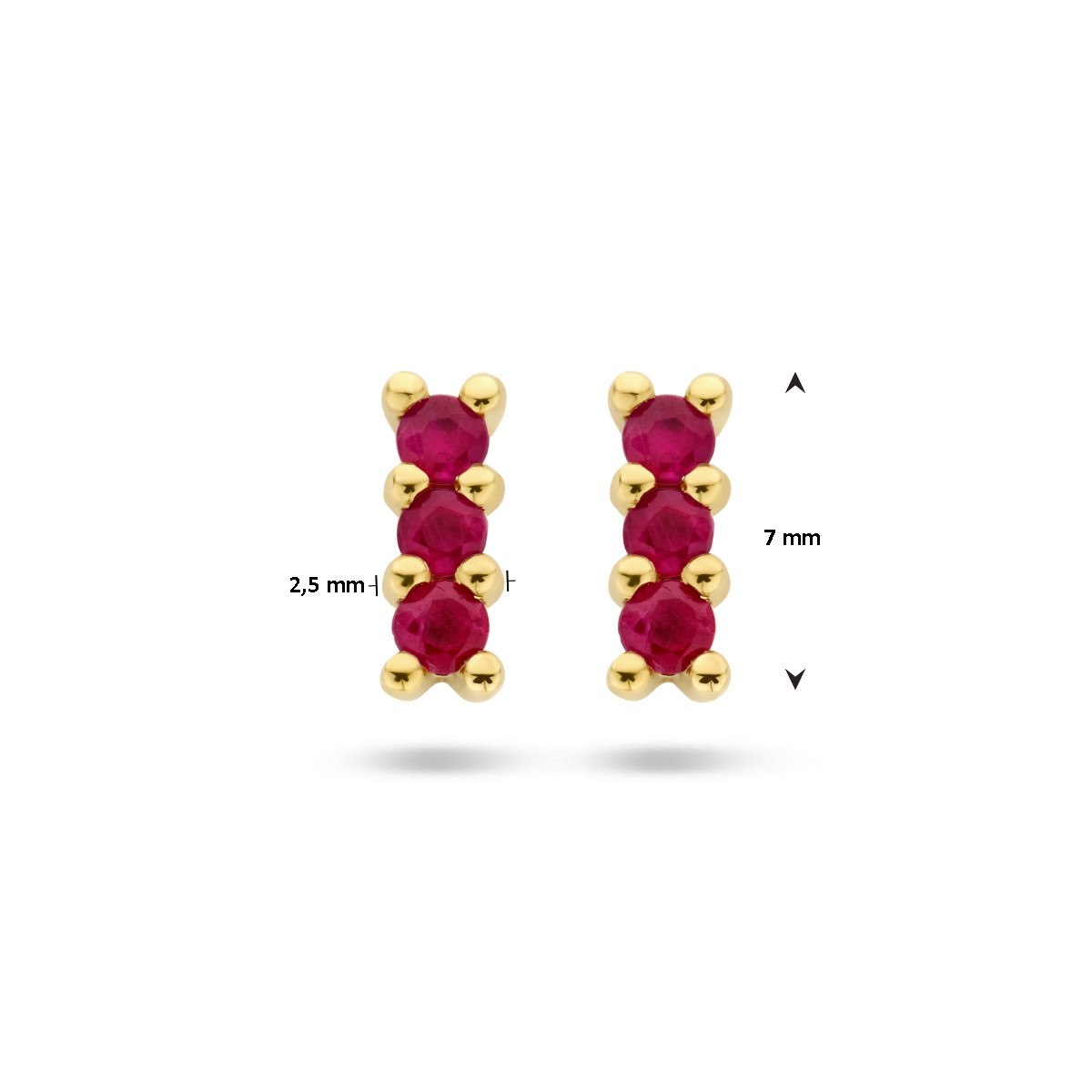 Gouden oorknopjes met een rij robijnen - 2.5 x 7 mm