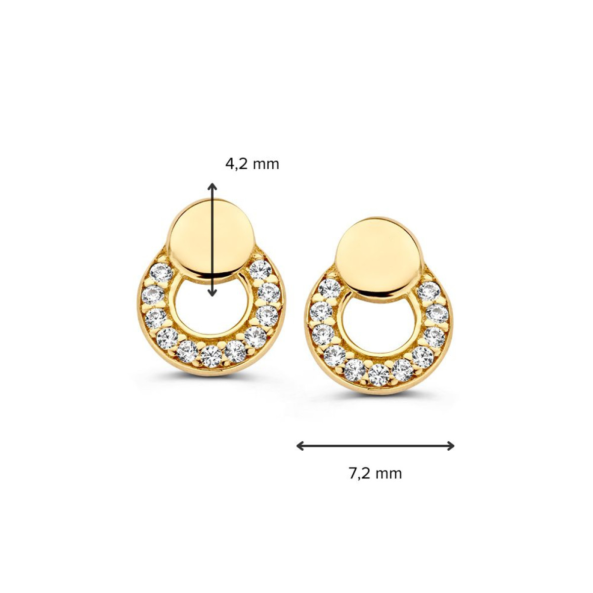 Gouden oorknopjes met glad dicht rondje en zirkonia open rondjes - 7.2 mm x 4.2 mm