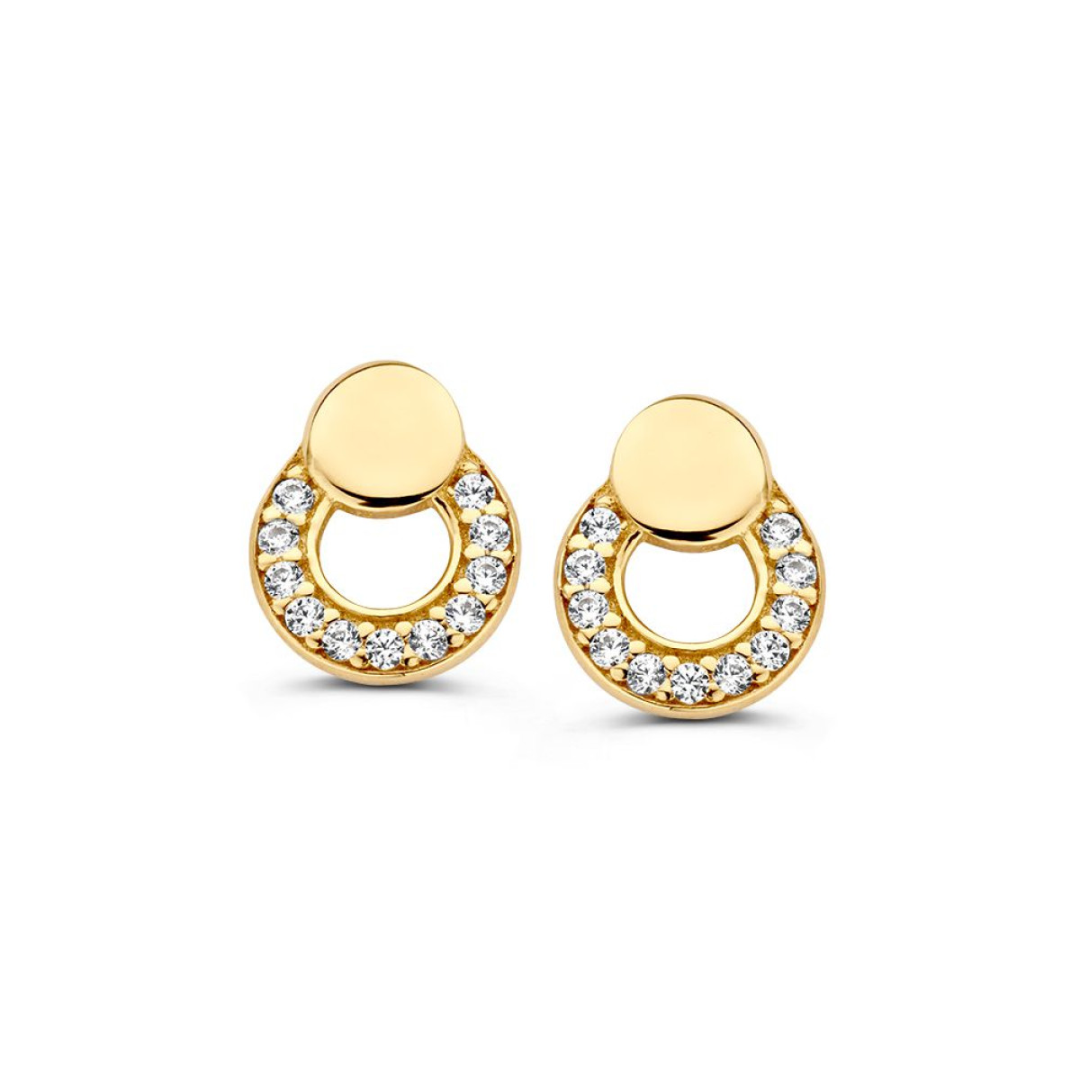 Gouden oorknopjes met glad dicht rondje en zirkonia open rondjes - 7.2 mm x 4.2 mm