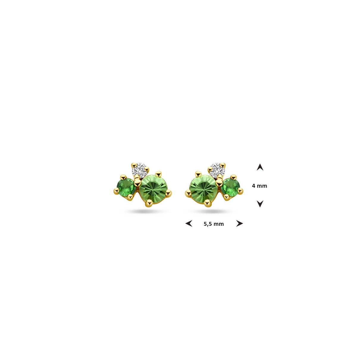 Gouden oorknopjes met groene tsavoriet en diamanten van 0.03 crt - 4 mm x 5.5 mm
