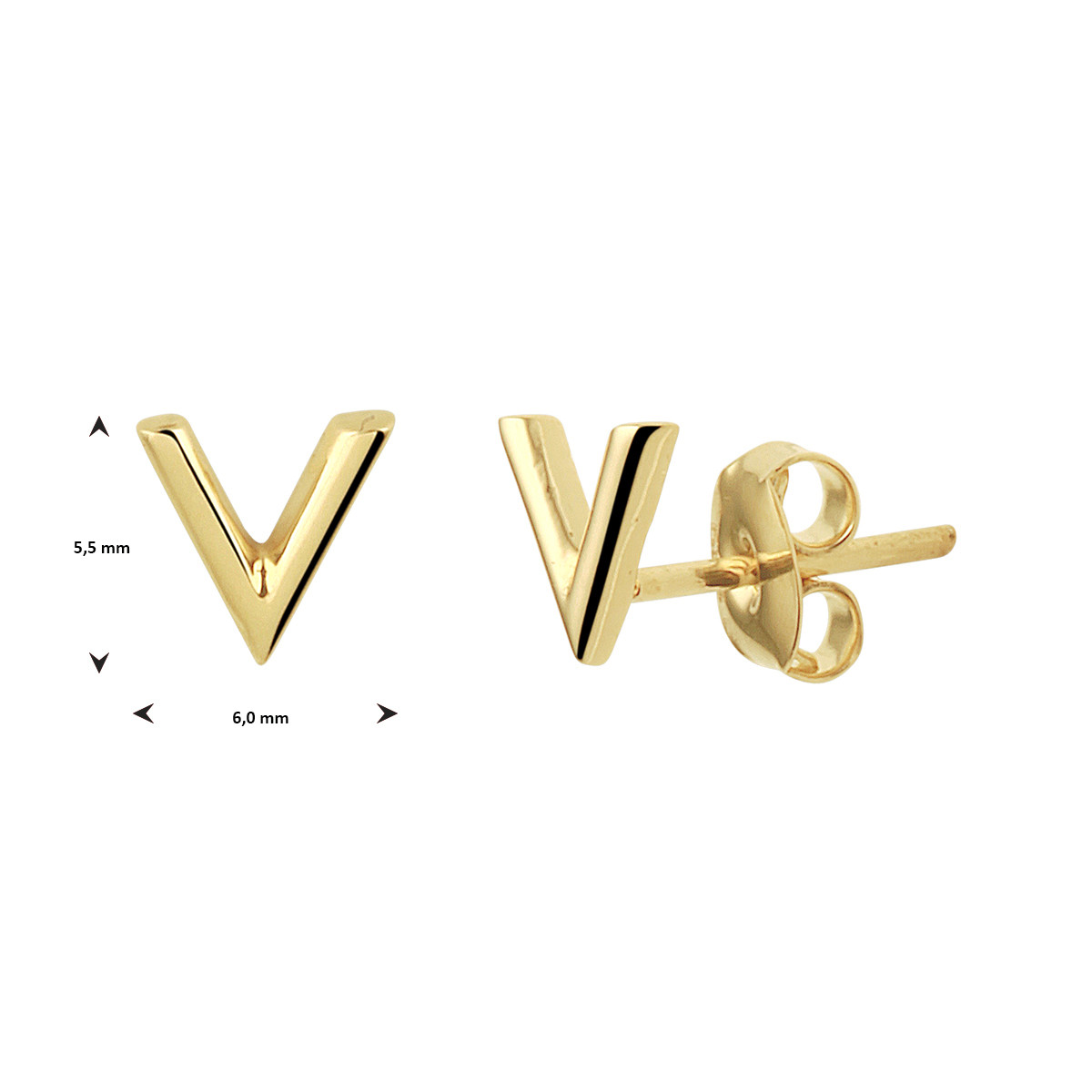 Gouden oorknoppen in V-vorm - 5.5 mm x 6 mm
