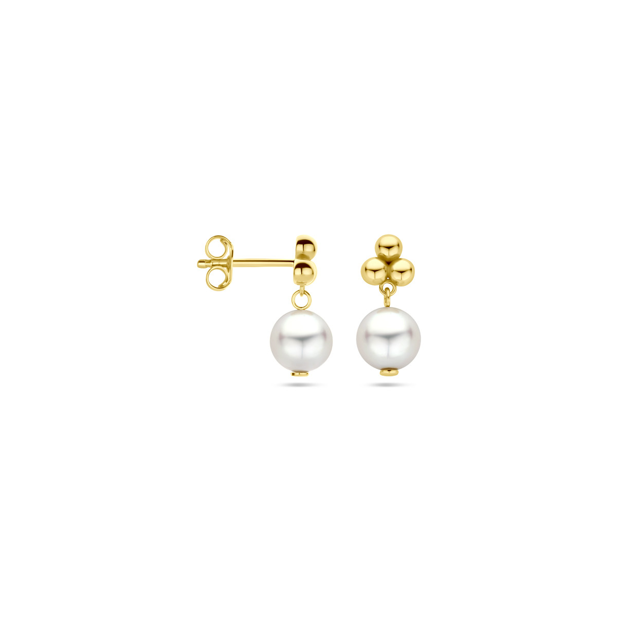 Gouden oorknoppen met bolletjes en witte zoetwaterparels - Hoogte 15 mm