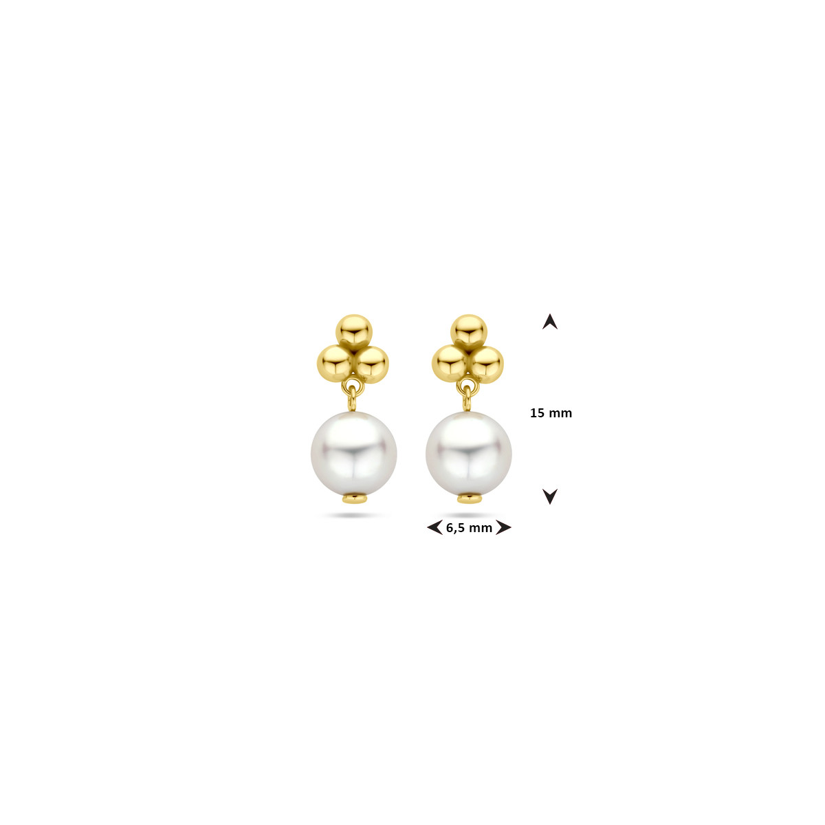 Gouden oorknoppen met bolletjes en witte zoetwaterparels - Hoogte 15 mm