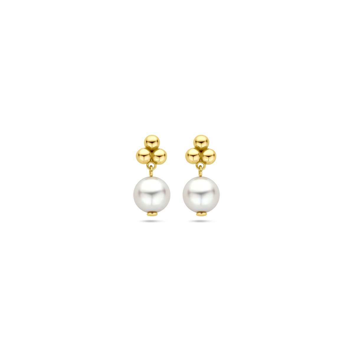 Gouden oorknoppen met bolletjes en witte zoetwaterparels - Hoogte 15 mm
