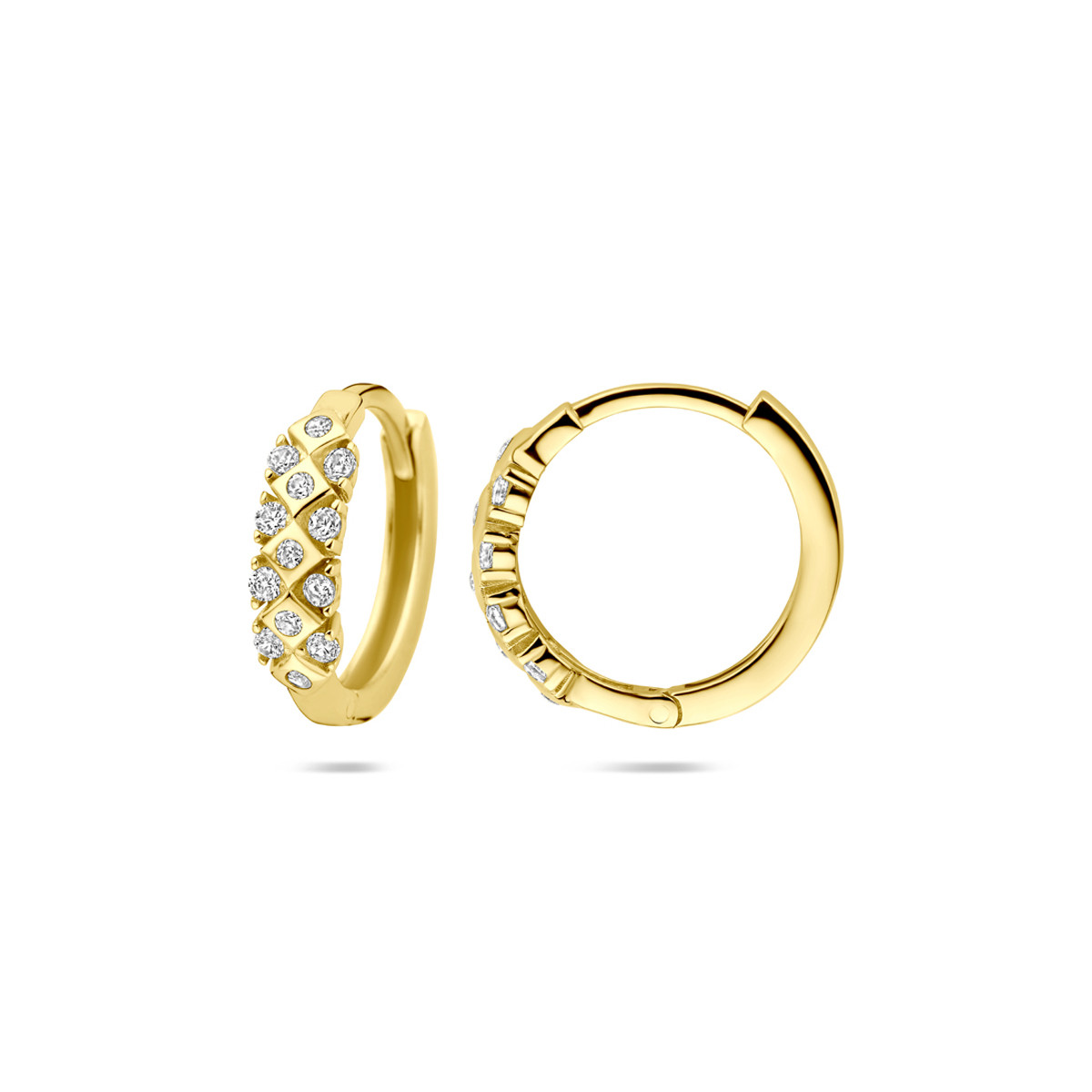 Gouden oorringen 14-karaat met transparante zirkonia en ruitjes 3.5 mm breed - Hoogte 14 mm