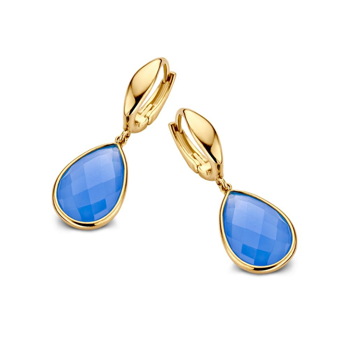 Gouden oorringen met blauw chalcedoon 31 mm