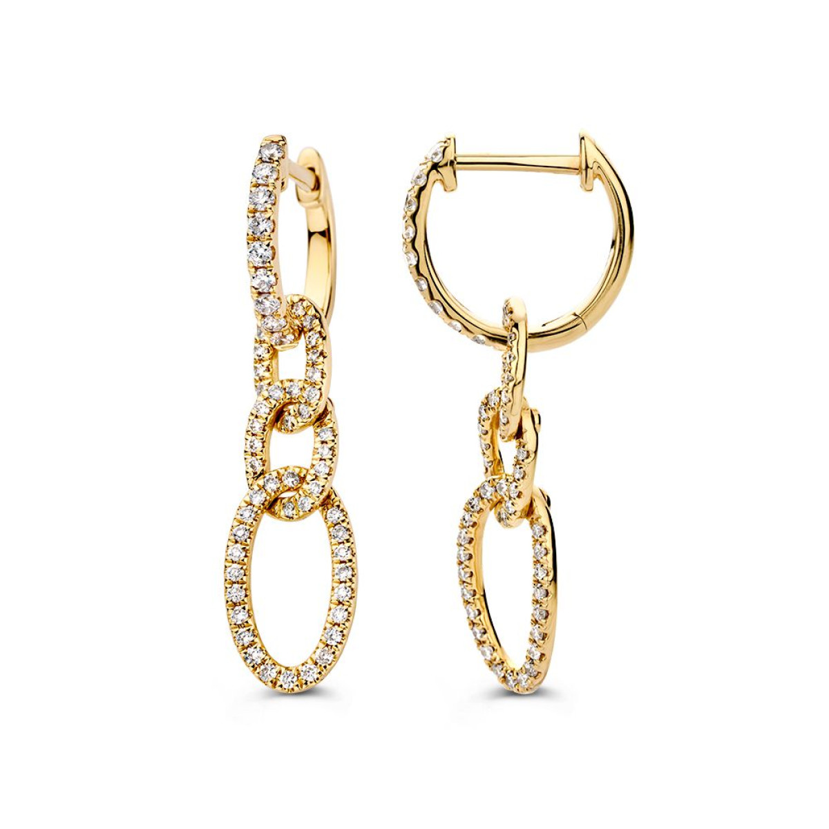 Gouden oorringen met diamanten schakelhangers - Hoogte 29 mm