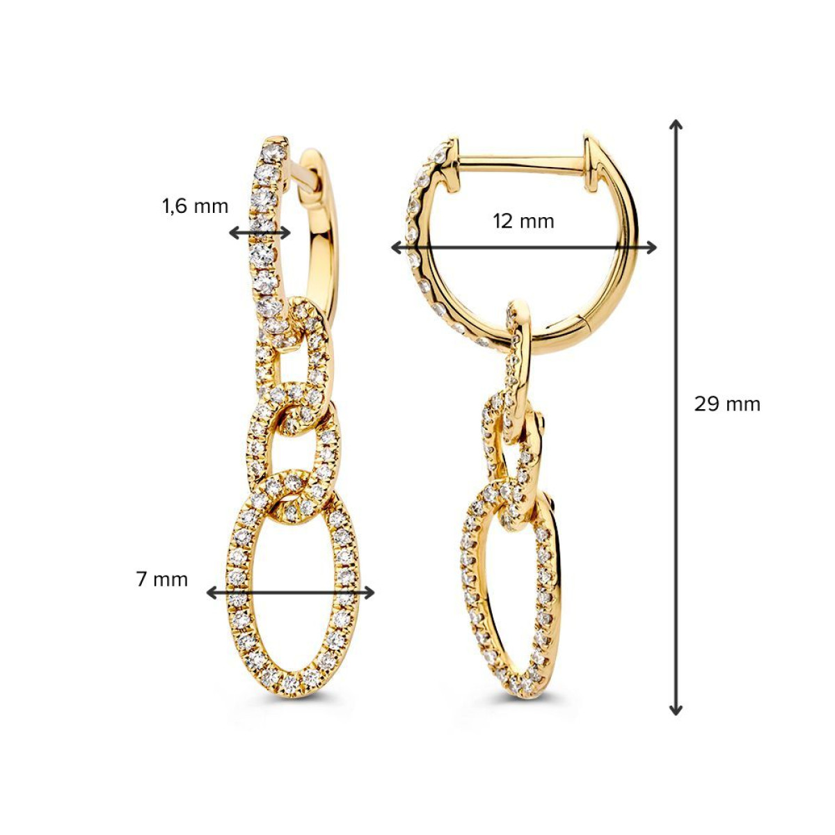 Gouden oorringen met diamanten schakelhangers - Hoogte 29 mm