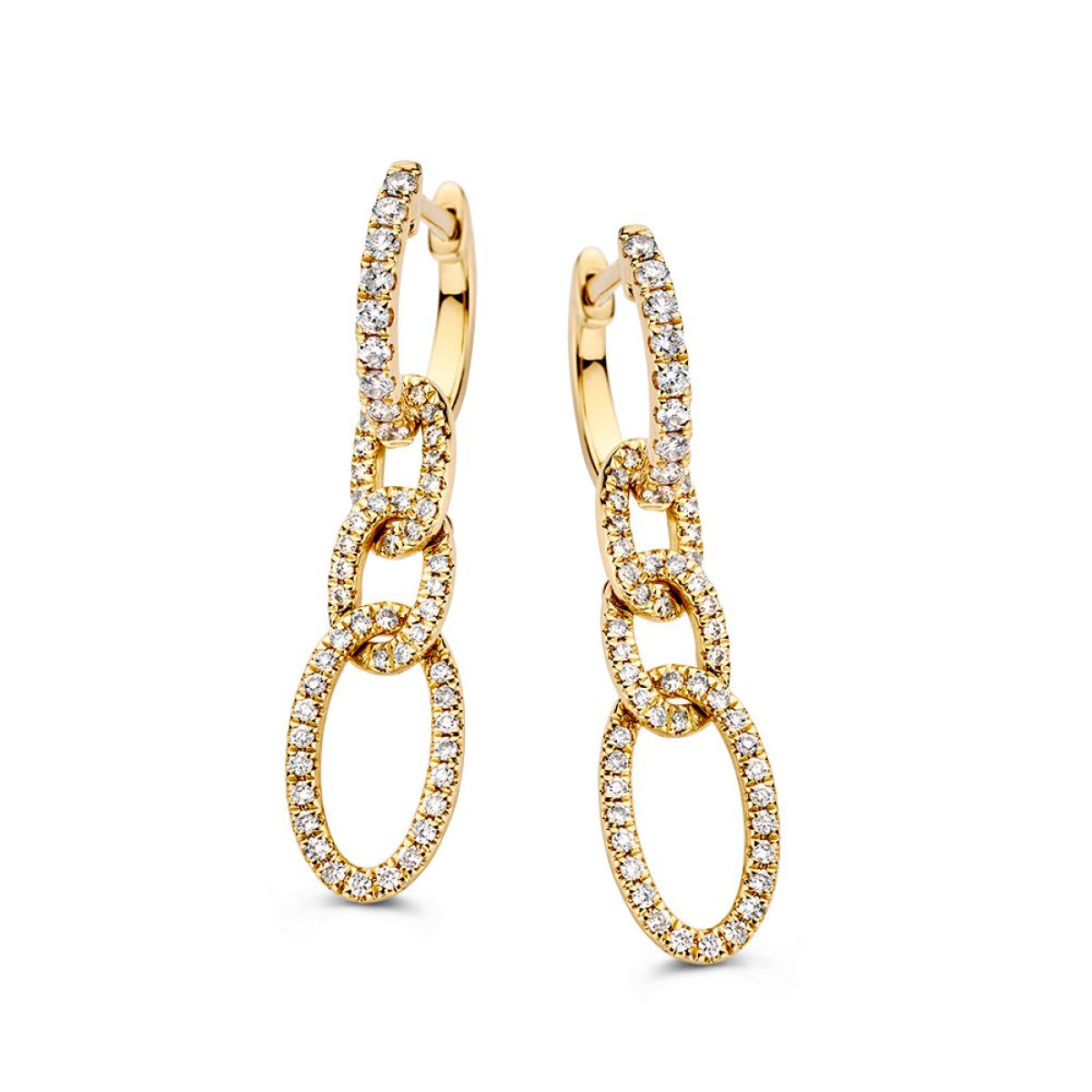 Gouden oorringen met diamanten schakelhangers - Hoogte 29 mm
