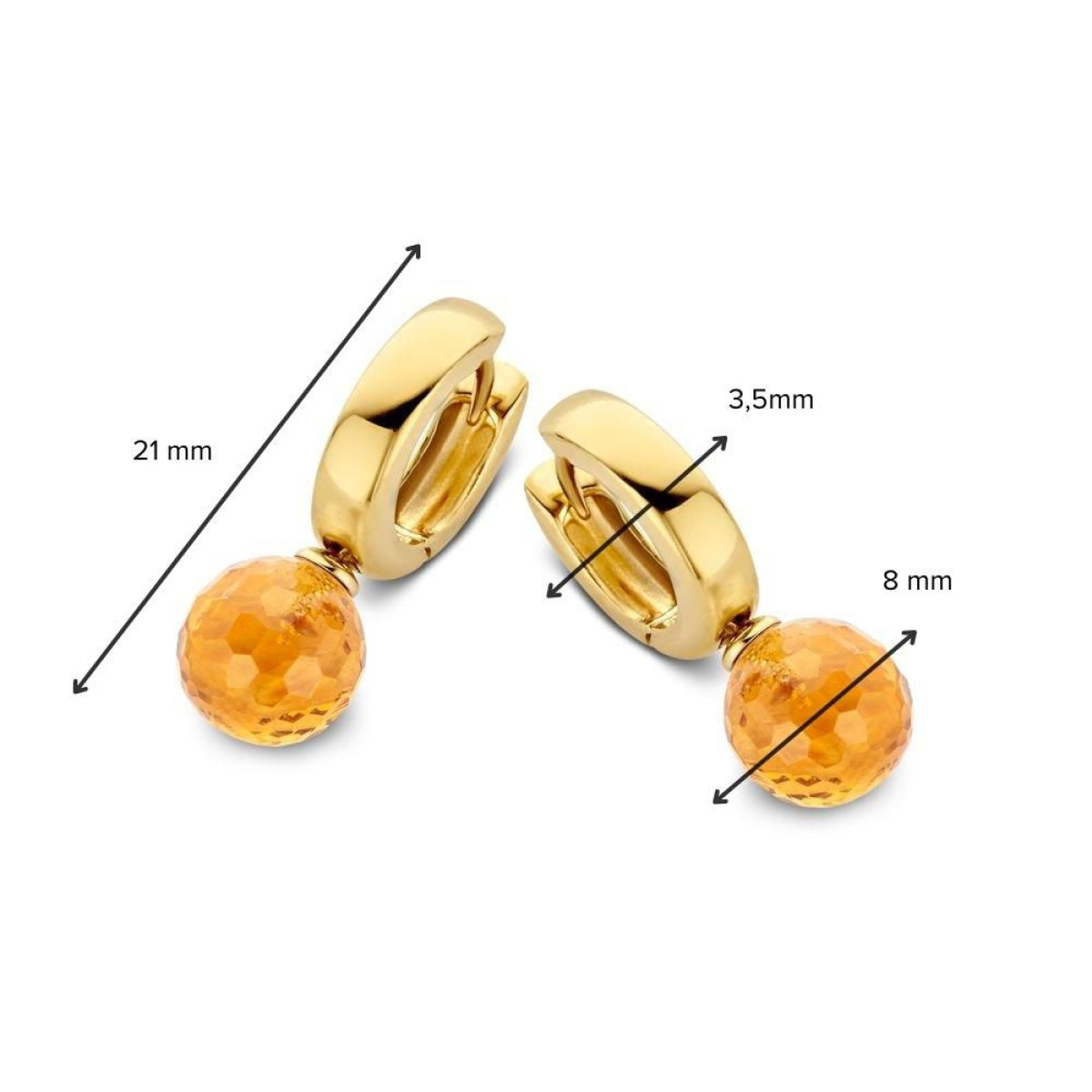 Gouden oorringen met ronde en gele/oranje citrien hangers - Hoogte 21 mm