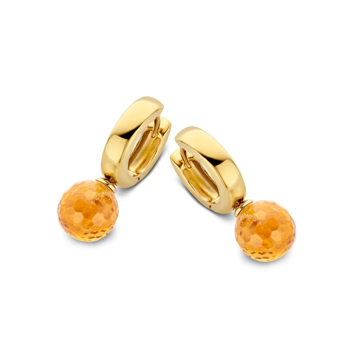 Gouden oorringen met ronde en gele/oranje citrien hangers - Hoogte 21 mm