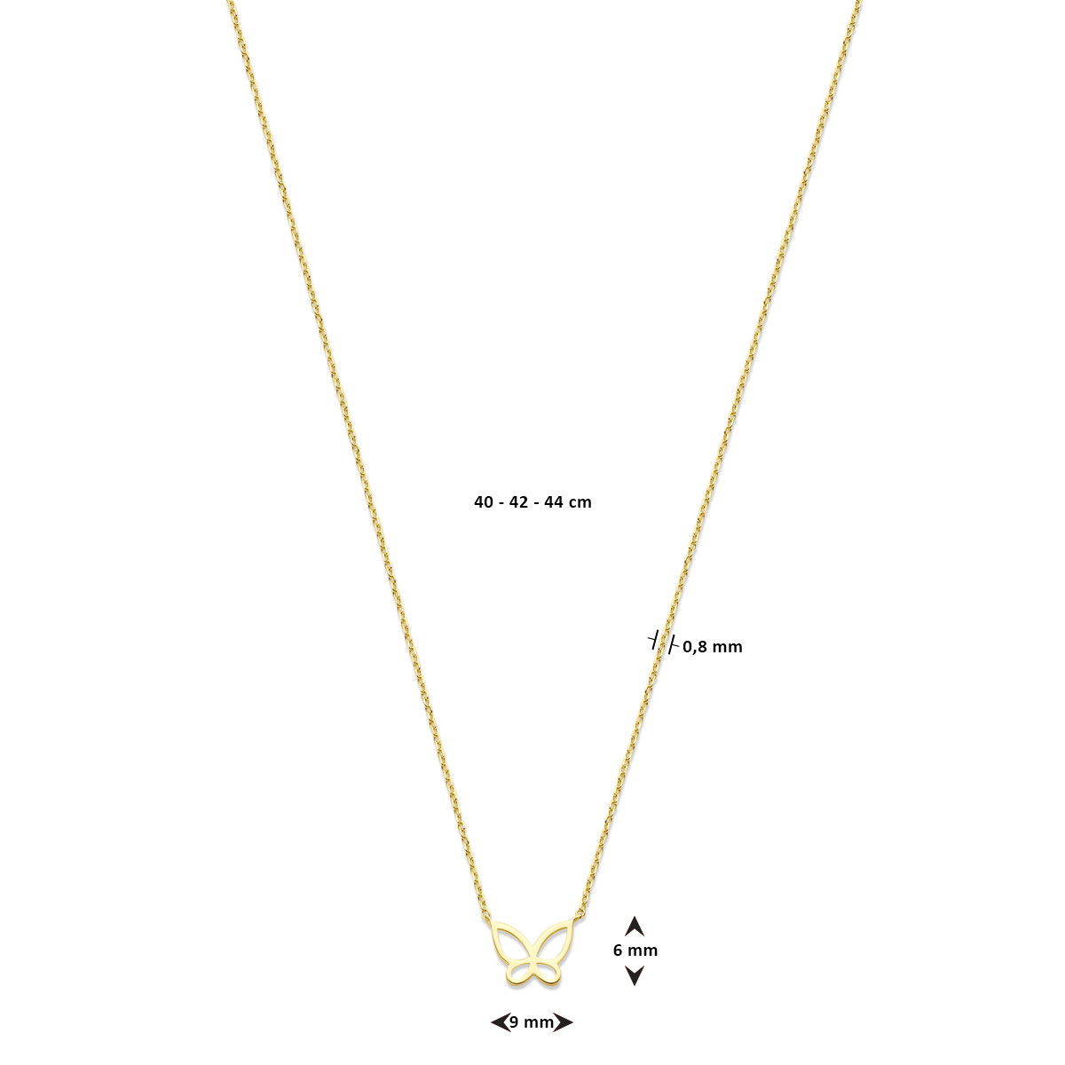 Gouden opengewerkte vlinder ketting - Lengte 40 cm, 42 cm, 44 cm