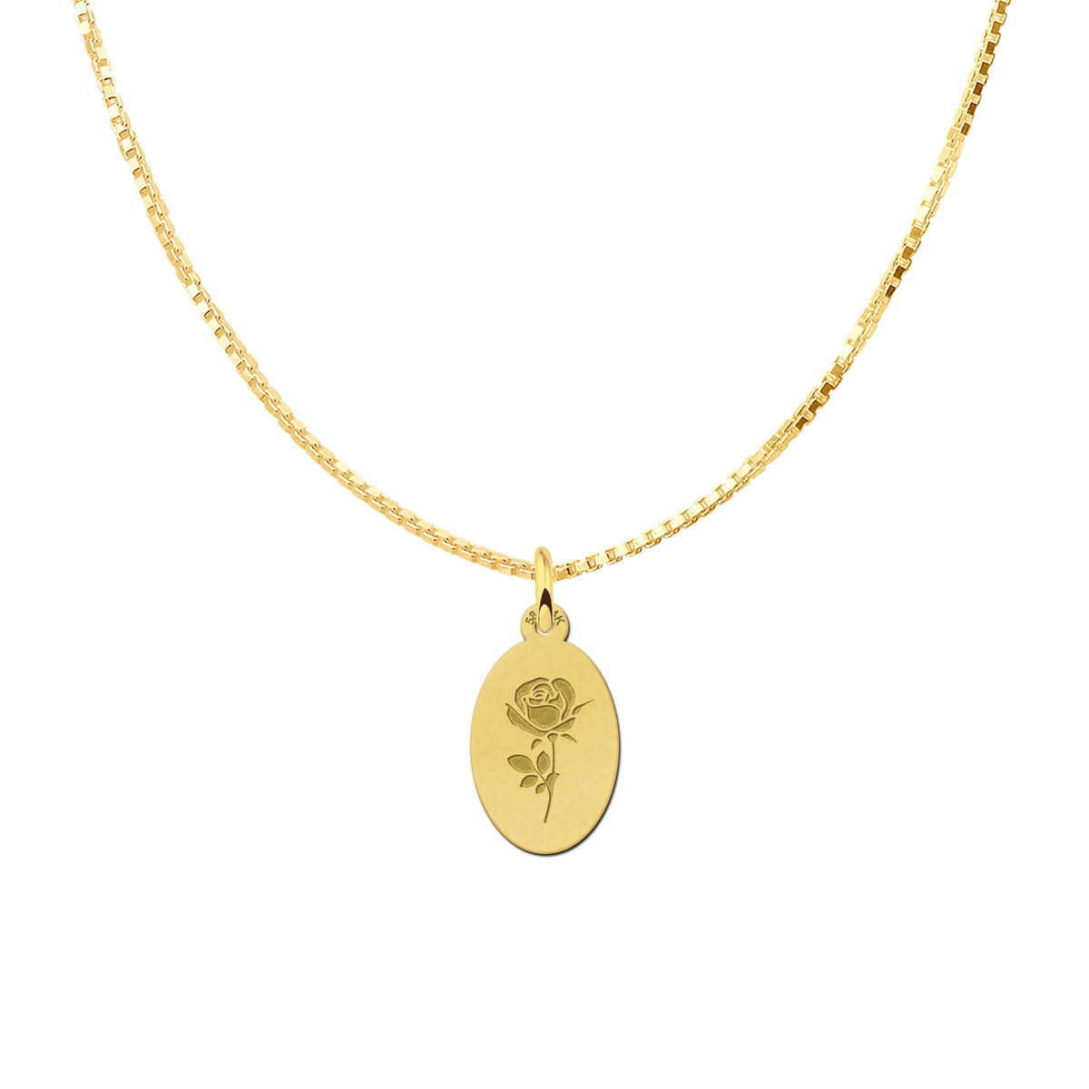 Gouden ovale hanger met een gegraveerde roos
