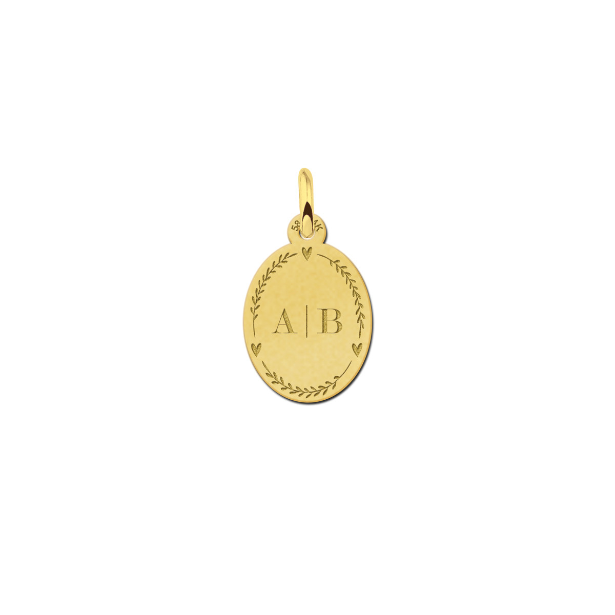 Gouden ovale hanger met initialen en krans met hartjes
