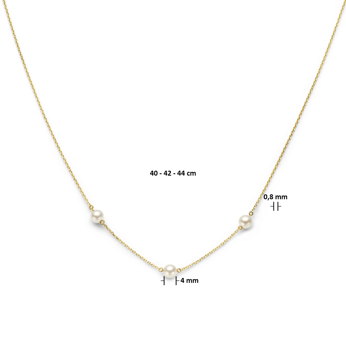 Gouden parelketting met drie zoetwaterparels van 4 mm groot - Lengte 40-42-44 cm