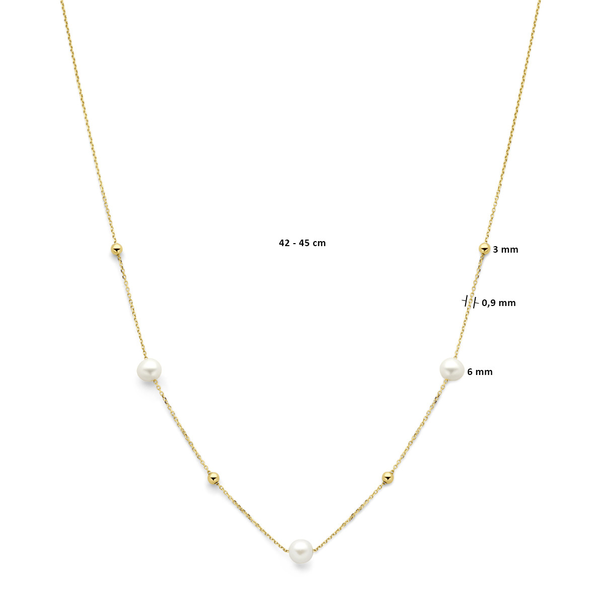 Gouden parelketting met kleine glanzende bolletjes - Lengte 42 cm, 45 cm