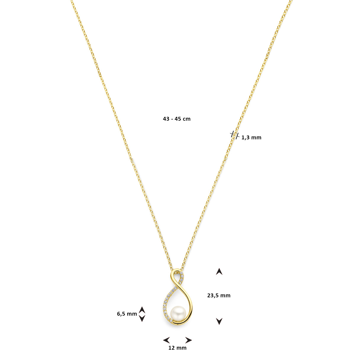Gouden parelketting met zoetwaterparel in een druppelvormige hanger - Lengte 43-45 cm