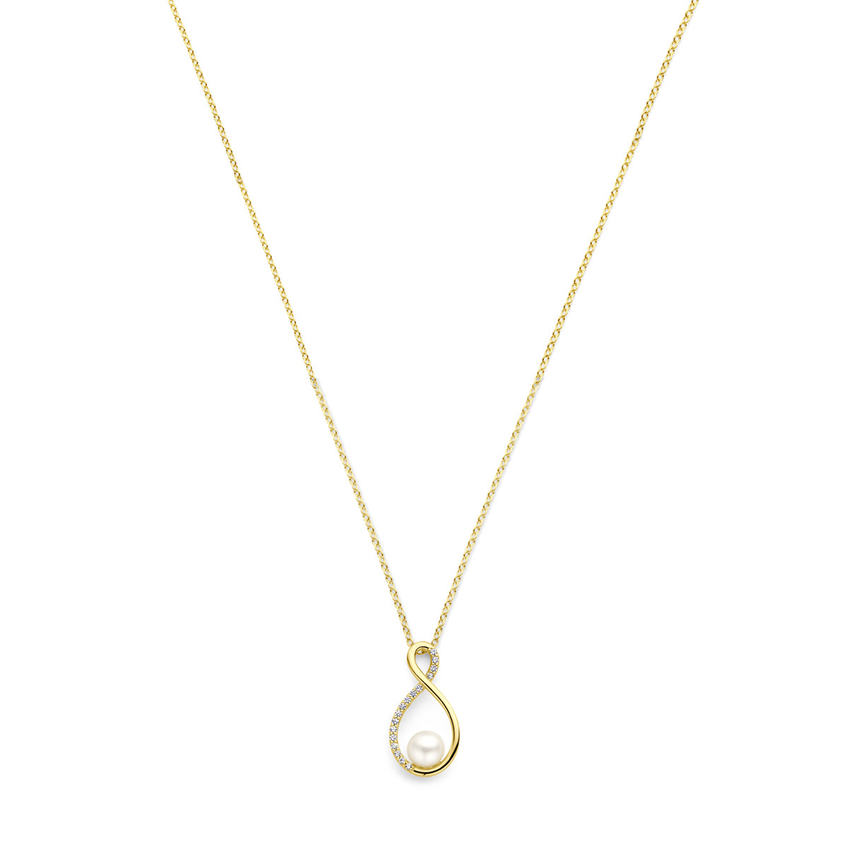 Gouden parelketting met zoetwaterparel in een druppelvormige hanger - Lengte 43-45 cm