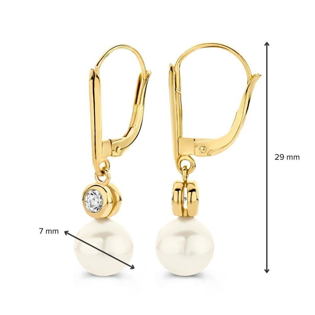 Gouden pareloorbellen met haaksluitingen en zirkonia's - Hoogte 29 mm