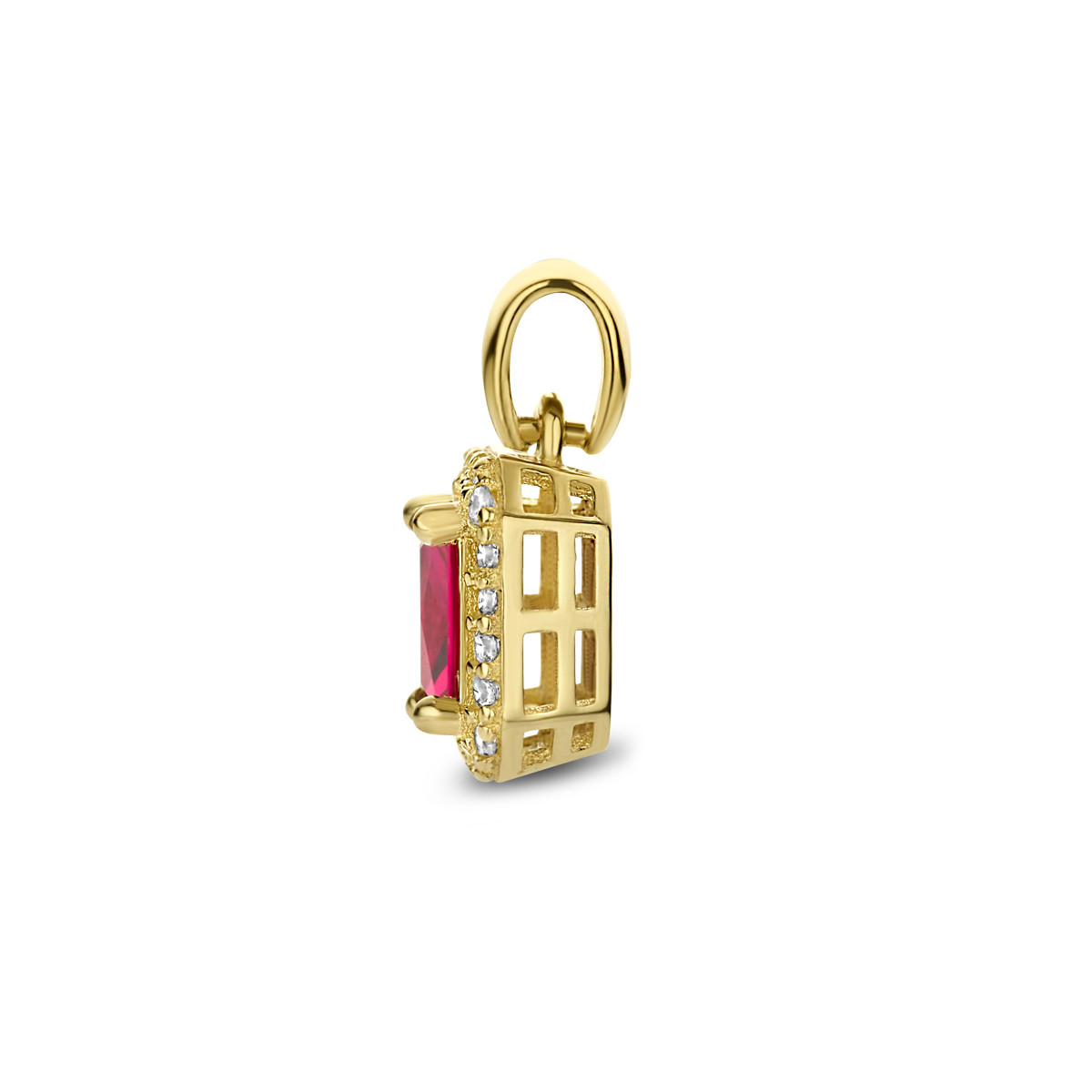 Gouden rechthoekige hanger met rode en transparante zirkoniastenen - 6 mm x 12 mm