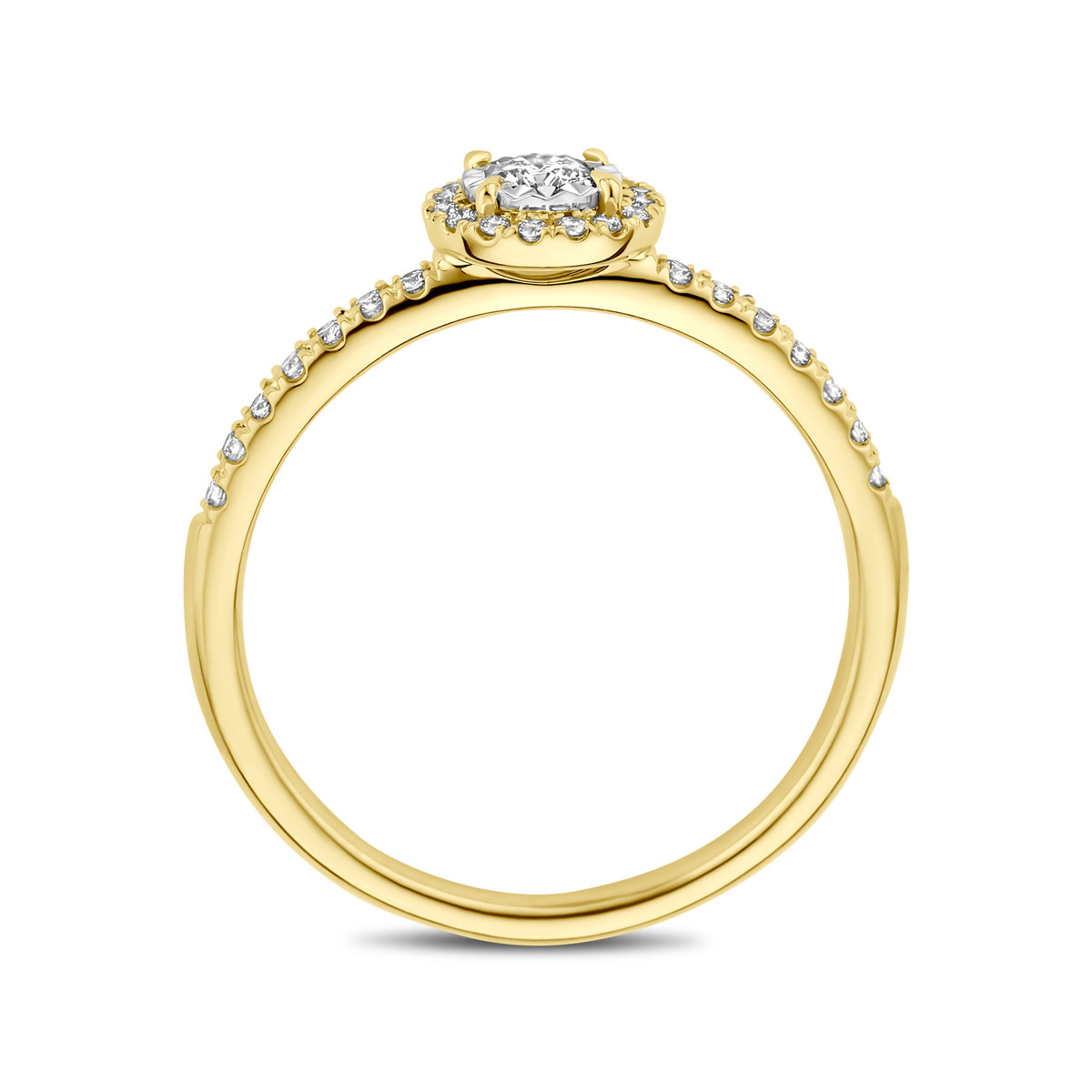 Gouden ring diamant in witgouden zetting en halo 0.22 crt 7 mm breed