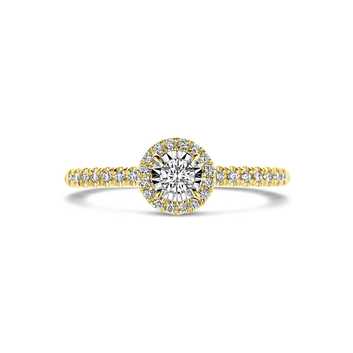 Gouden ring diamant in witgouden zetting en halo 0.22 crt 7 mm breed