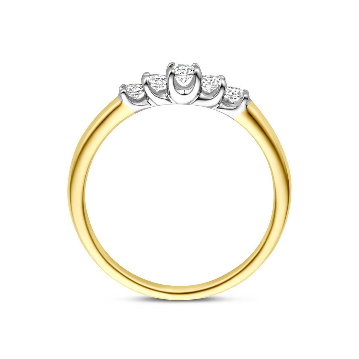Gouden ring met 5 diamanten in witgouden zetting 0.30 crt 3 mm breed