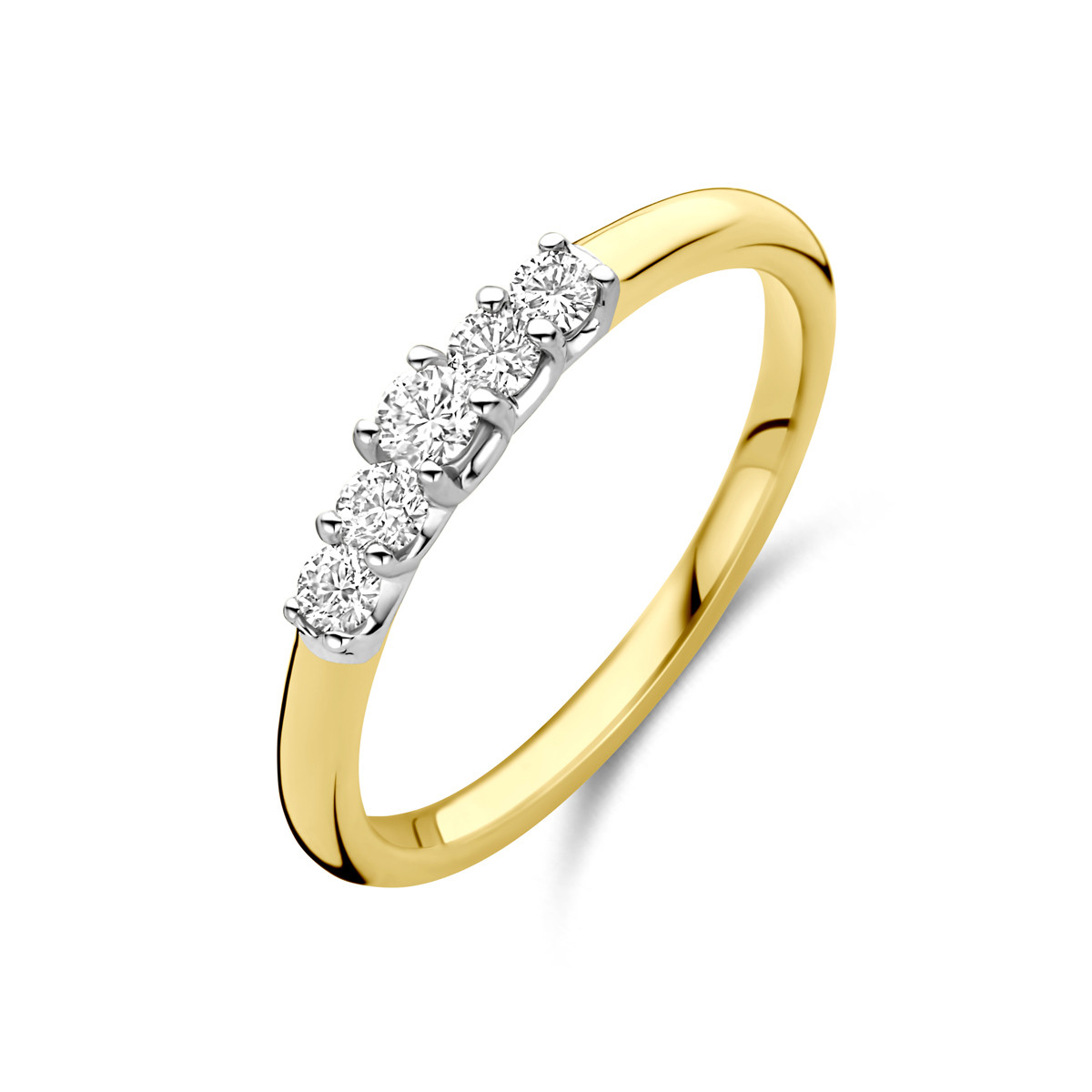 Gouden ring met 5 diamanten in witgouden zetting 0.30 crt 3 mm breed