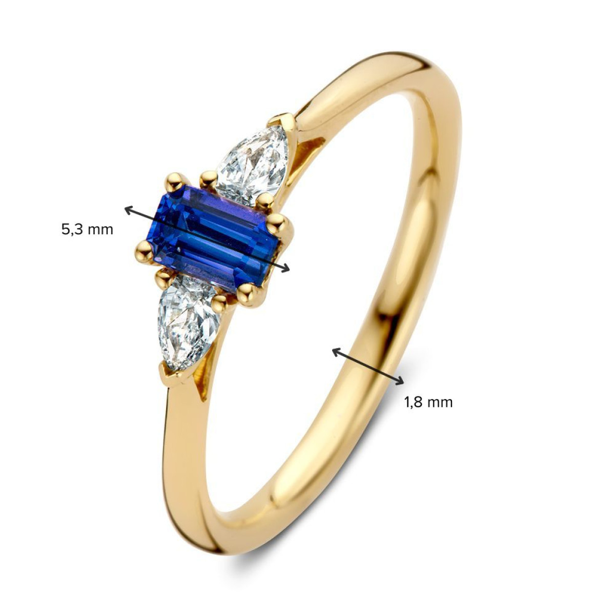 Gouden ring met blauwe saffier en twee diamanten 0.19 crt
