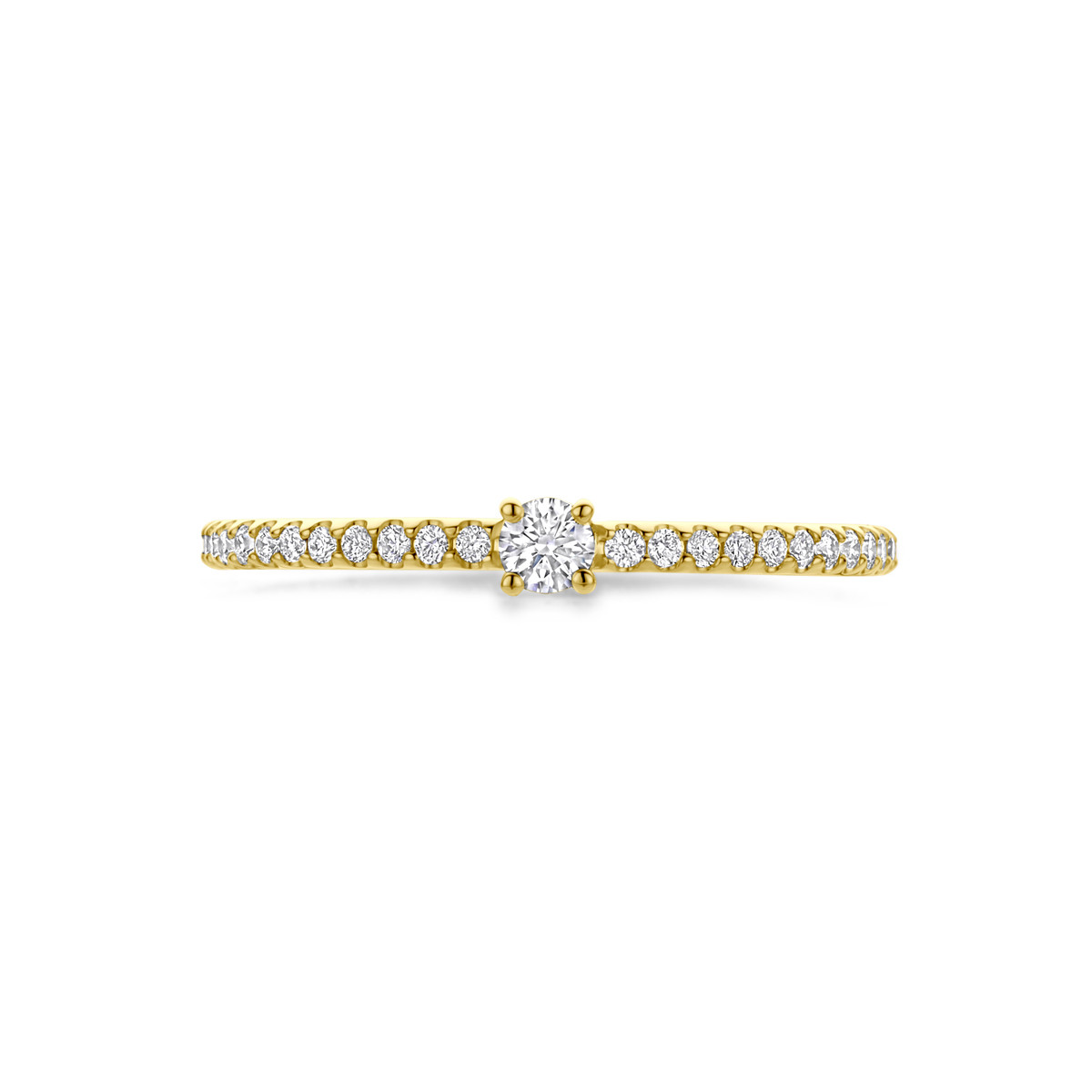 Gouden ring met briljant geslepen diamant en rij diamanten 0.20 crt 2.7 mm breed