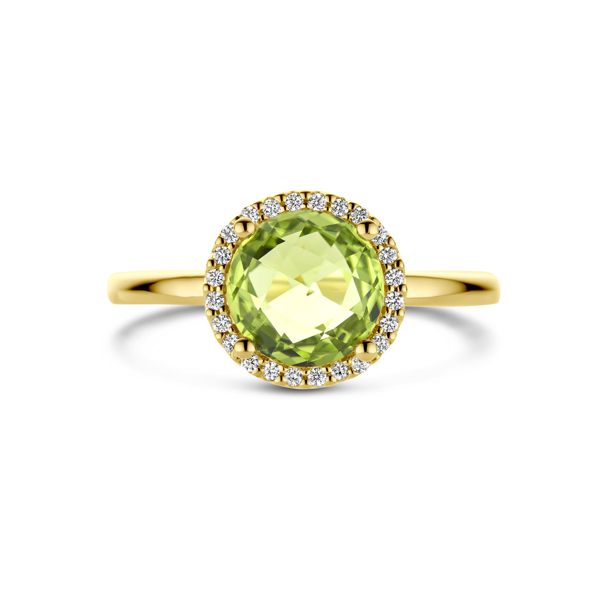 Gouden ring met groene peridoot en diamanten van 0.09 crt